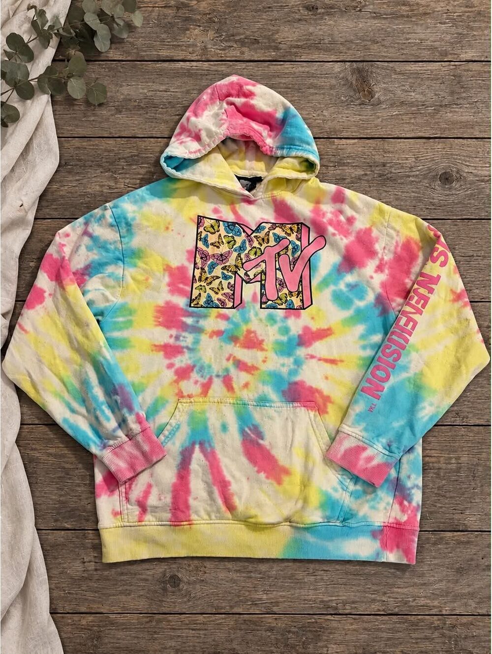 MTV Tie-Dye Pullover Hoodie with Butterfly Logo